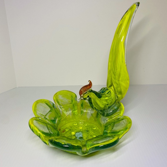 Vintage Art Deco Glass Bird Rooster Pheasant Drinking Bird Bath Green Midcentury - Picture 1 of 16